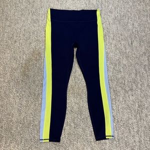 Fabletics Navy Yellow/Blue Stripe High Waisted Motion365 7/8 Leggings Sz L